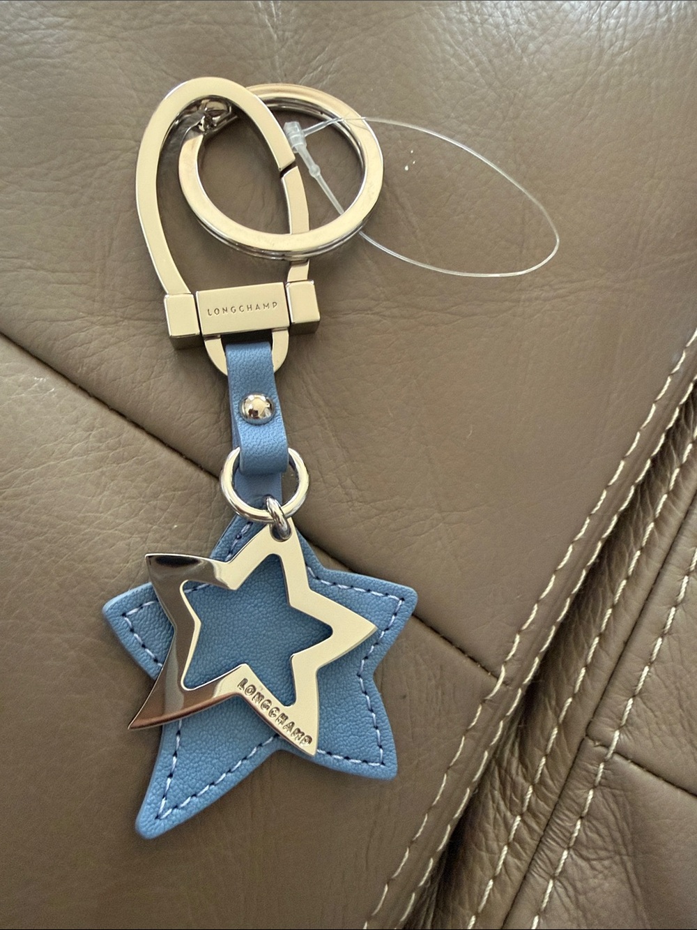 Longchamp Blue Star Leather Keychain with Silver Star Charm